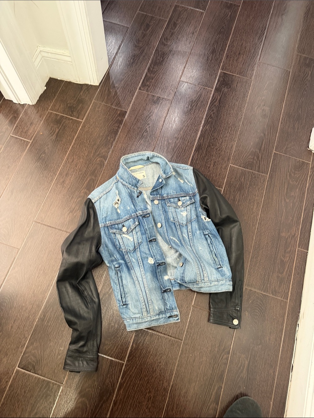 rag & bone Two-Tone Light Blue Denim Jacket with Black Sleeves